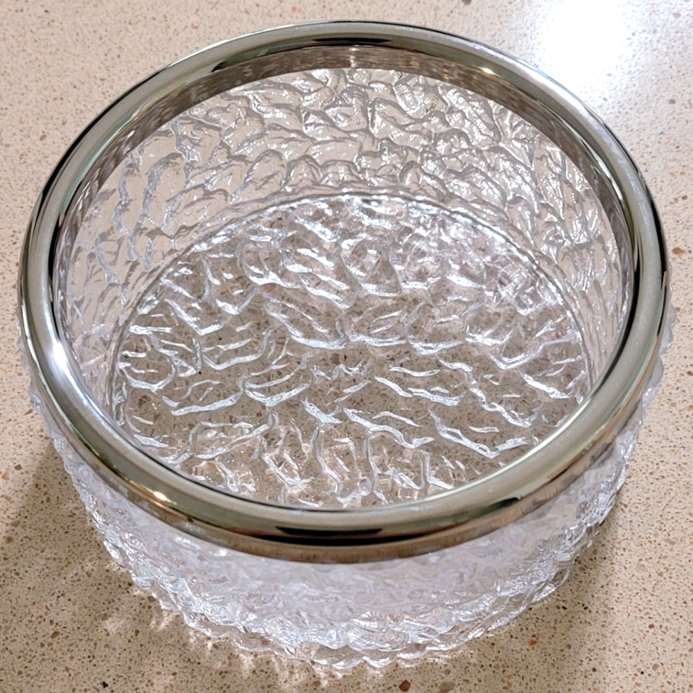 Davidson Brama Luna Crystal Glass Bowl - Silver Rim - Handmade - England - 1970s